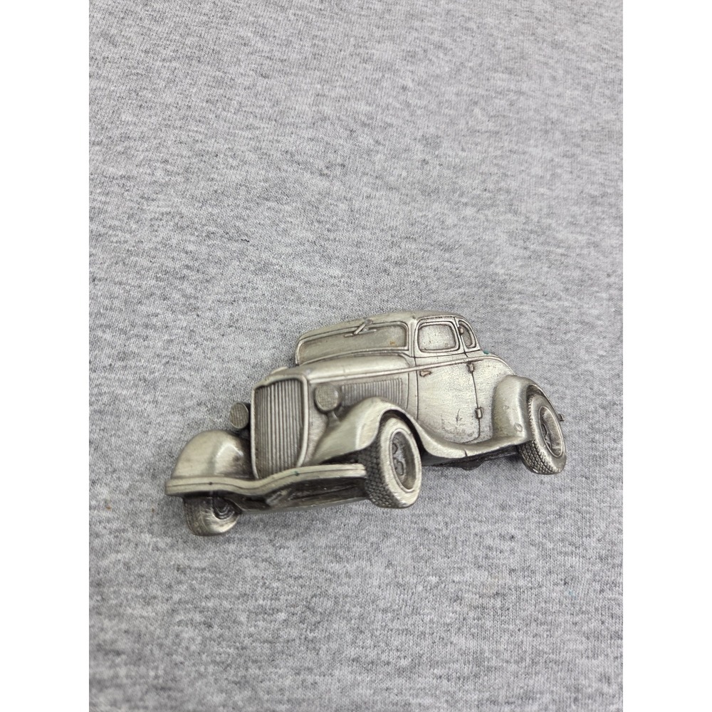 Vintage 1980 Solid Pewter Heavy Hot Rod Ford Chevy Coupe Belt Buckle Damaged - Picture 2 of 7